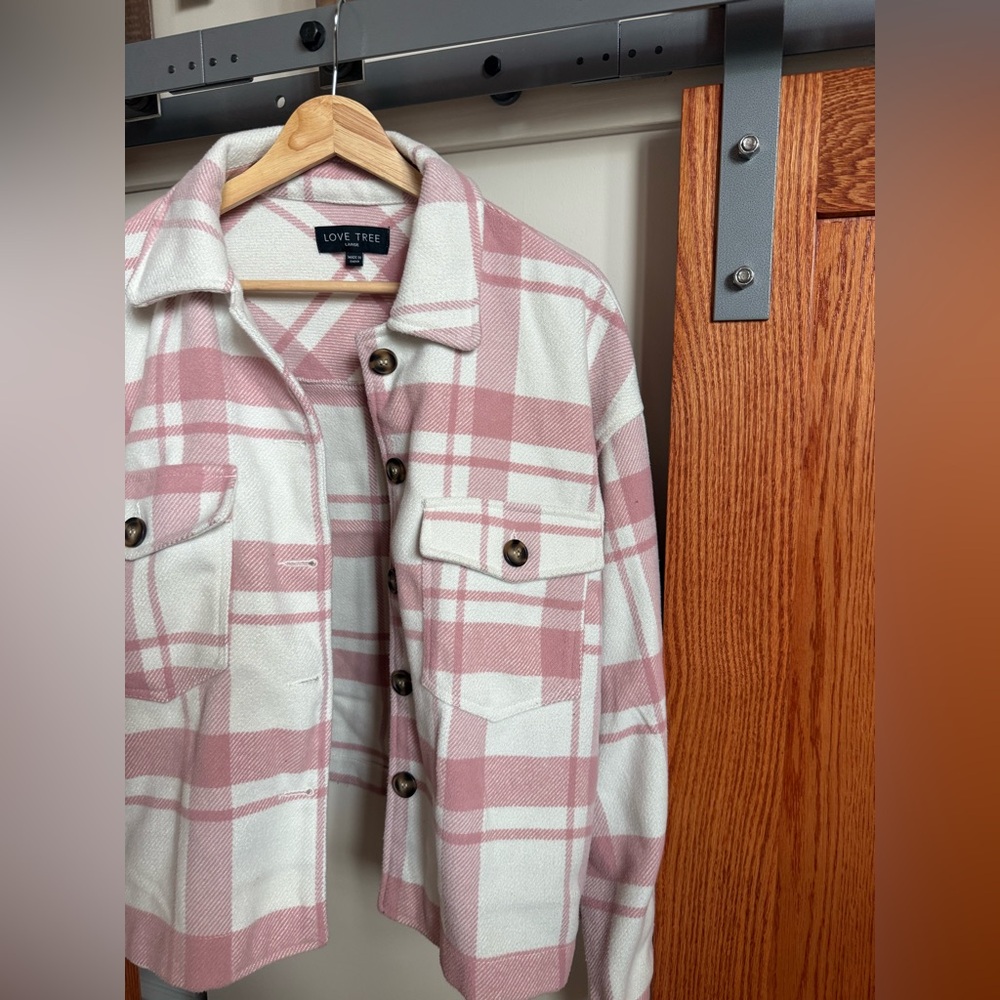 Love Tree Pink and White Plaid Utility Jacket